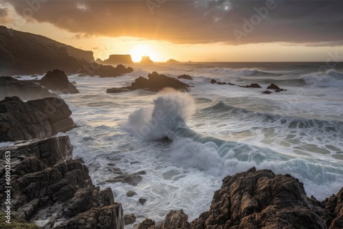 sunset over a rugged coast, with waves crashing against the rocks, created with generative ai