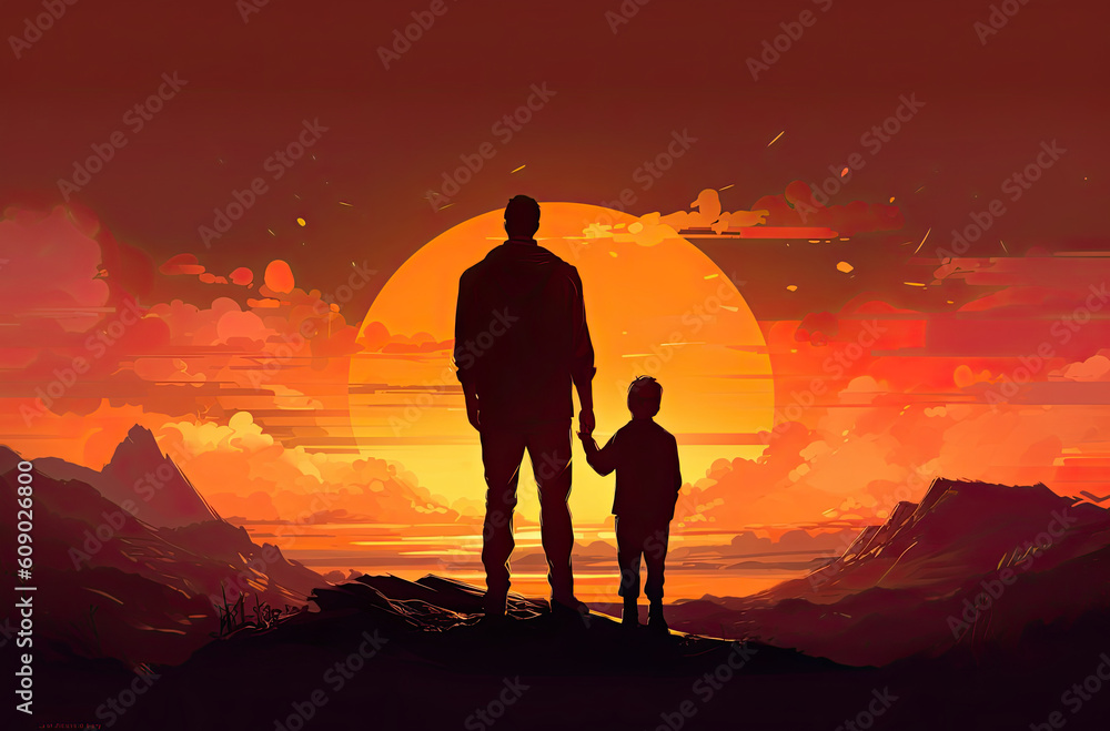 silhouette of a father and his son in the sunset. Generative AI