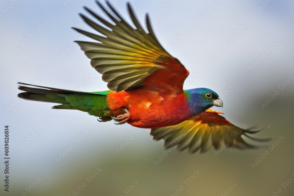 colorful bird in flight, its wingspan visible against the sky, created with generative ai