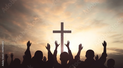 Worship concept: christian people Raise hand over cross on spiritual sky background, Generative AI