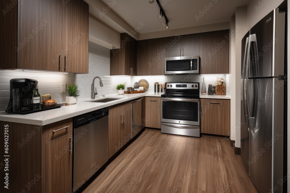 Fototapeta premium kitchen with energy-efficient appliances, including smart refrigerator and induction cooktop, created with generative ai
