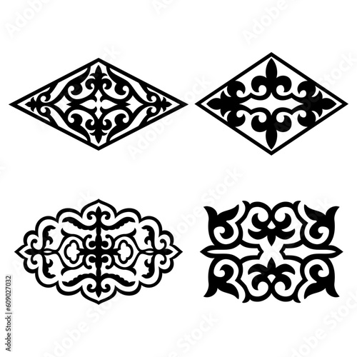 Islamic ornament vector, persian motiff. Asian floral designs. Abstract Asian elements of the national pattern of the ancient nomads of the Kazakhs. Circular geometric symbols set. Abstract mosaic.