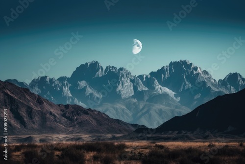 majestic mountain range with a full moon shining on the peaks, created with generative ai © Alfazet Chronicles
