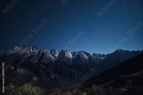 majestic mountain range under moonlit sky, with stars shimmering in the night sky, created with generative ai