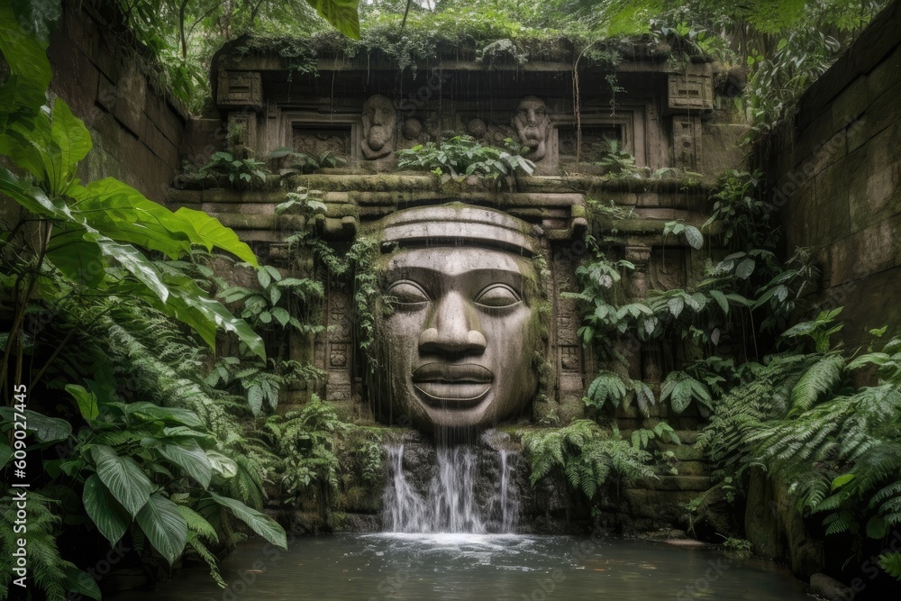 majestic stone face, with waterfalls and greenery in the background, created with generative ai
