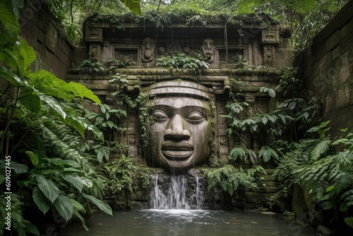 majestic stone face, with waterfalls and greenery in the background, created with generative ai