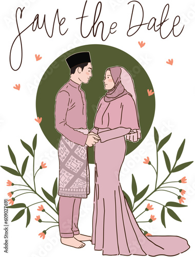 illustration of a wedding couple in Malay traditional clothes