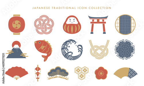 日本の伝統的なベクターイラストアイコンセット(和風)
