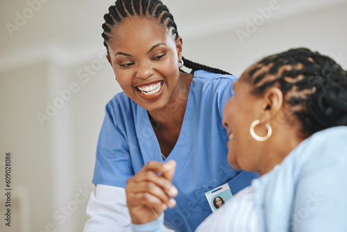 Senior patient, laughing and woman nurse together for support, healthcare and happiness. Black person and happy caregiver in retirement home for trust, elderly care and help for health and wellness