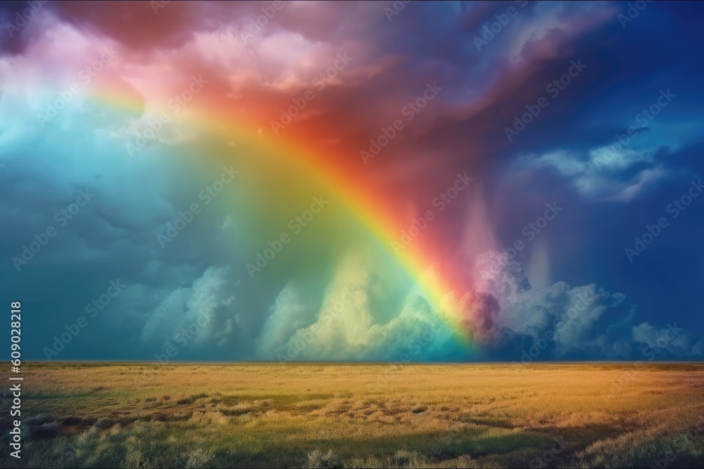 abstract and surreal landscape with rainbow-colored sky and storm clouds, created with generative ai