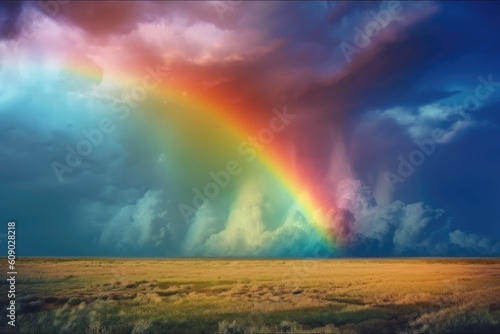 abstract and surreal landscape with rainbow-colored sky and storm clouds  created with generative ai