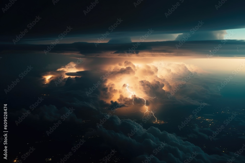 aerial view of storm approaching, with lightning and thunderstorms in the sky, created with generative ai