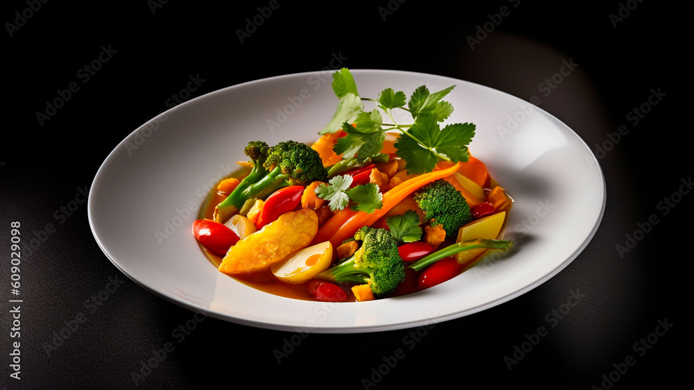 A plate of vegetables on black background. Minimalist. Vegan food concept. Generative AI.