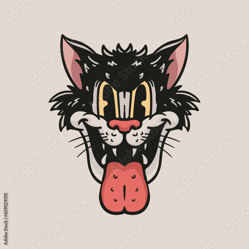 cartoon cat head illustration in vintage style