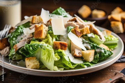 stylish plate of chicken caesar salad with croutons, parmesan cheese, and homemade dressing, created with generative ai