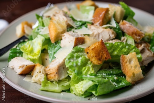 chicken caesar salad on plate, with croutons and cheese, created with generative ai