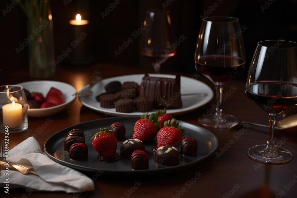 table setting with chocolate-covered strawberries, glass of red wine, and plate of assorted desserts, created with generative ai table setting with chocolate-covered strawberries, glass of red wine, and plate of assorted desserts, created with generative ai
