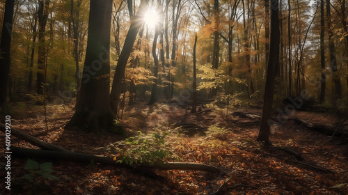 a dense broadleaf forest in autumn  illustration  Generative AI