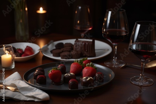 table setting with chocolate-covered strawberries, glass of red wine, and plate of assorted desserts, created with generative ai