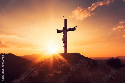 Christmas concept: Crucifixion Of Jesus Christ Cross At Sunset, Generative AI