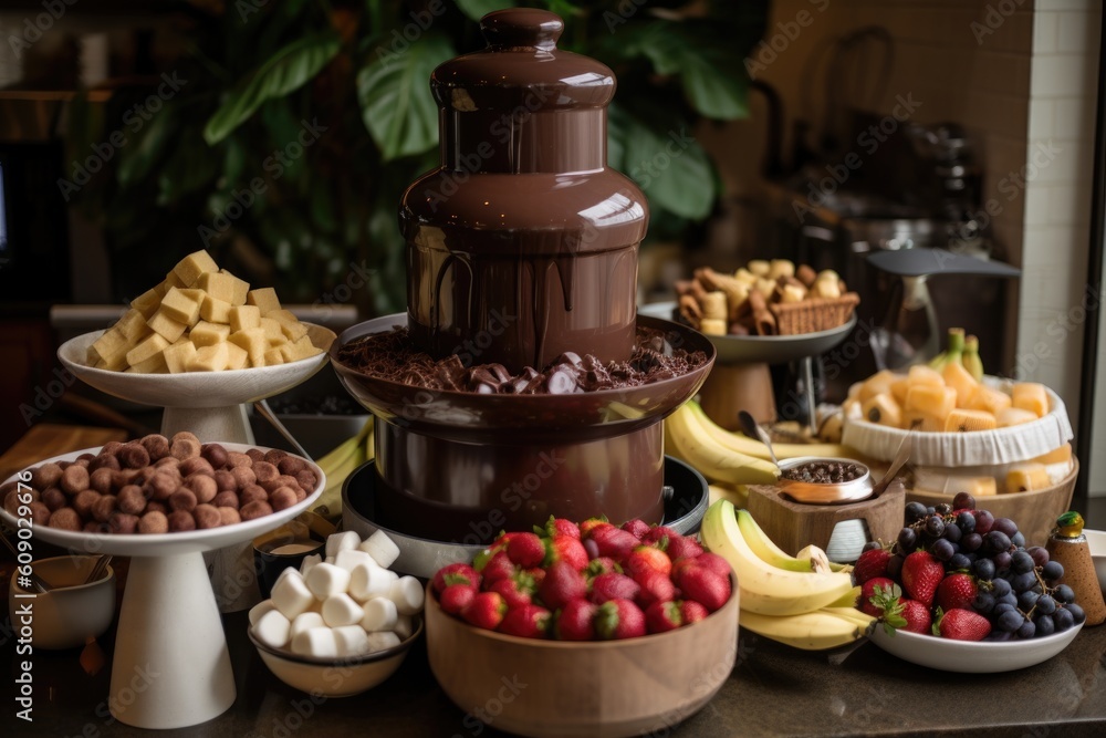 chocolate fountain with variety of fruit, marshmallows and cookies for dipping, created with generative ai