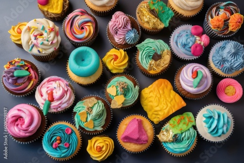 an assortment of colorful and creative cupcakes in various shapes  sizes  and designs  created with generative ai