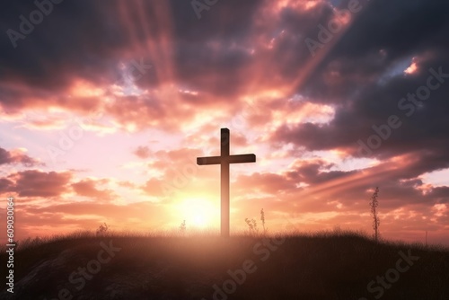Easter concept: Concept : cross on sunset sky background, Generative AI © Harvinder