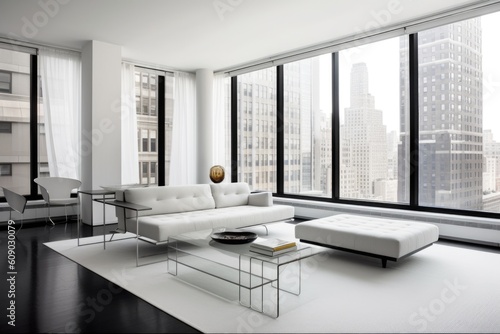 modern  minimalist apartment with floor-to-ceiling windows and sleek furniture  created with generative ai