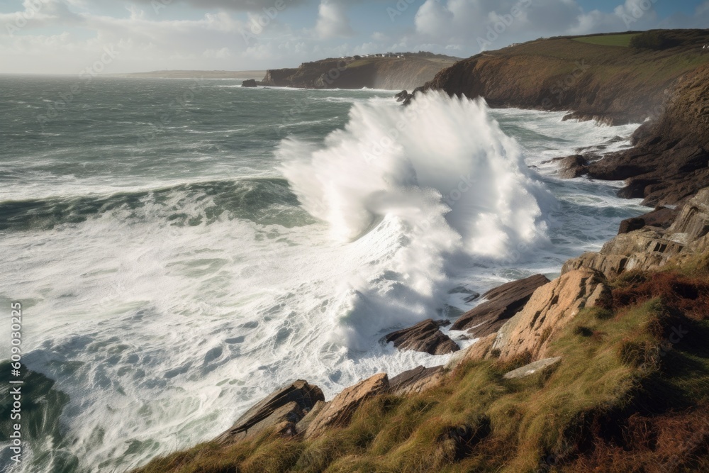 coastal cliff jutting out into the sea, with crashing waves and rolling surf, created with generative ai coastal cliff jutting out into the sea, with crashing waves and rolling surf, created with generative ai