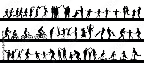 Family playing together outdoor activities hobbies and sports set silhouettes collection.