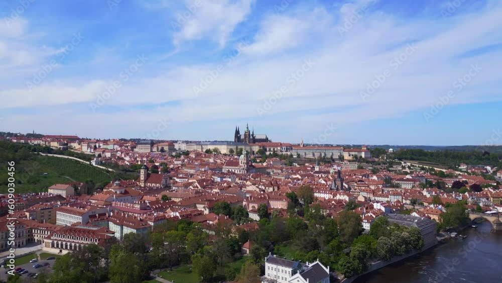 Old town Prague with castle at Danube river. Great aerial top view flight drone Old town Prague with castle at Danube river. Great aerial top view flight drone