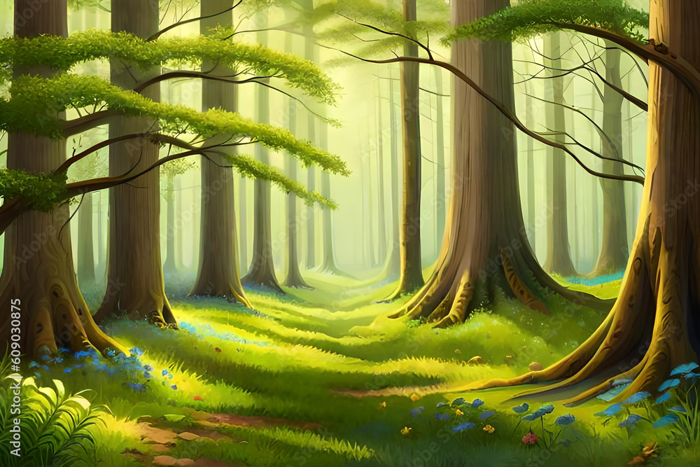 A mystical forest glade bathed in dappled sunlight, ancient trees standing tall with lush foliage, a carpet of vibrant wildflowers covering the forest floor