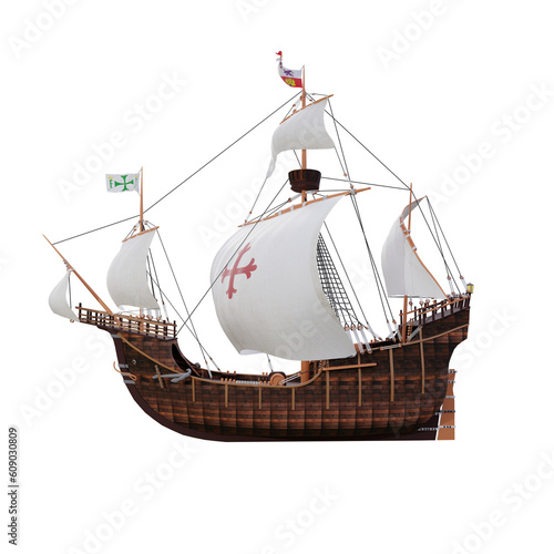 Santa Maria Christopher Columbus ship side view transparent background 3D rendered image in high quality