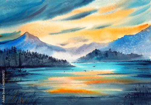 Watercolor illustration of a forest lake at sunset with fir trees  distant misty mountains and yellow sunset sky