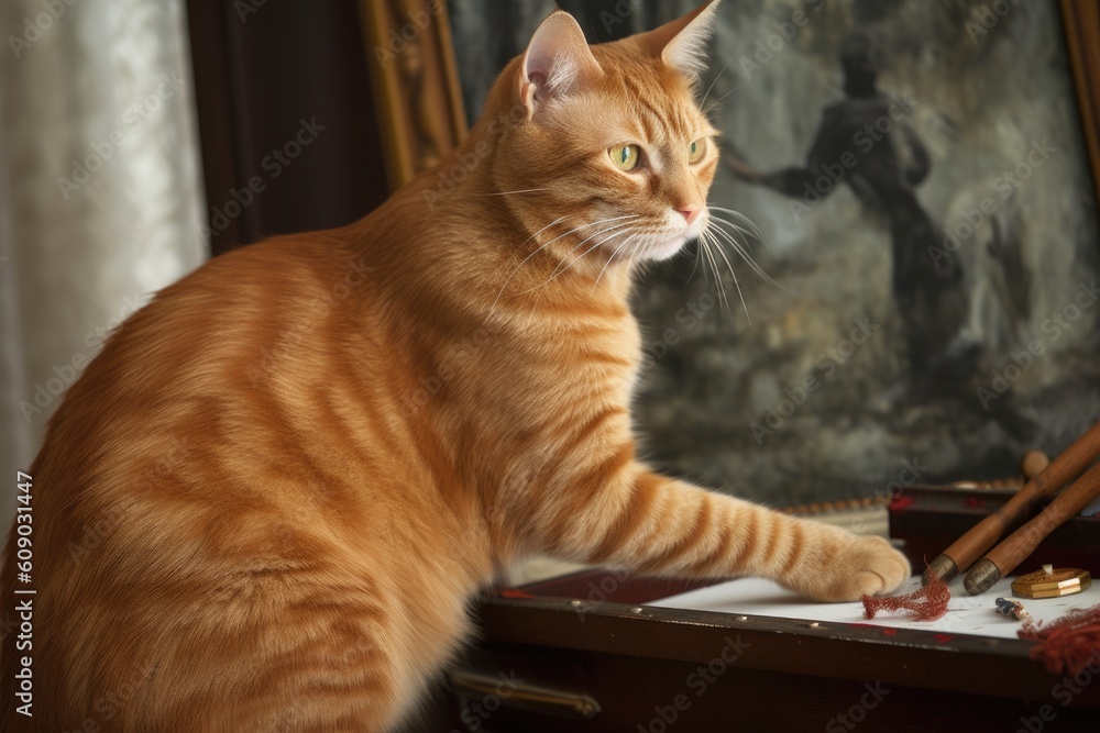 cat, with paw poised on easel and brush in paw, creating portrait of its owner, created with generative ai
