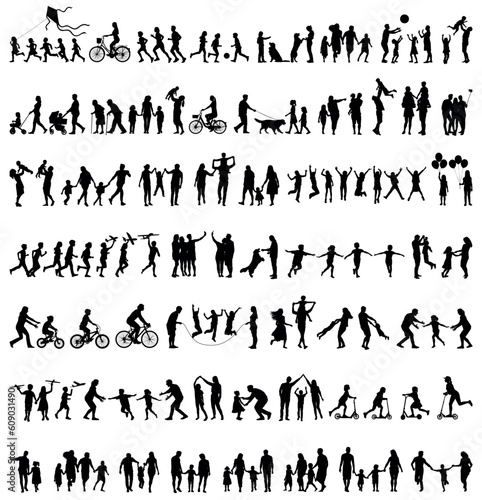 People outdoor activities hobbies and sports different poses set silhouettes collection. Playful family parents and children playing together silhouettes set collection.