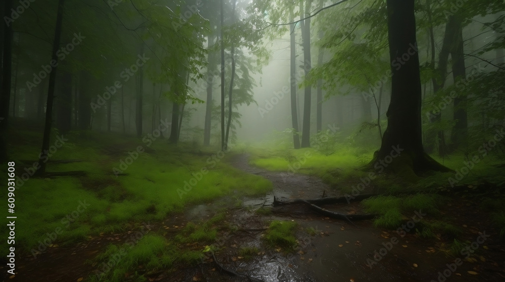 forest glade where it rains, illustration, Generative AI