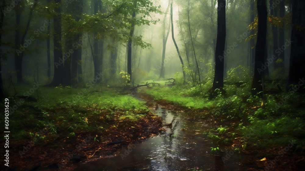 Obraz premium forest glade where it rains, illustration, Generative AI