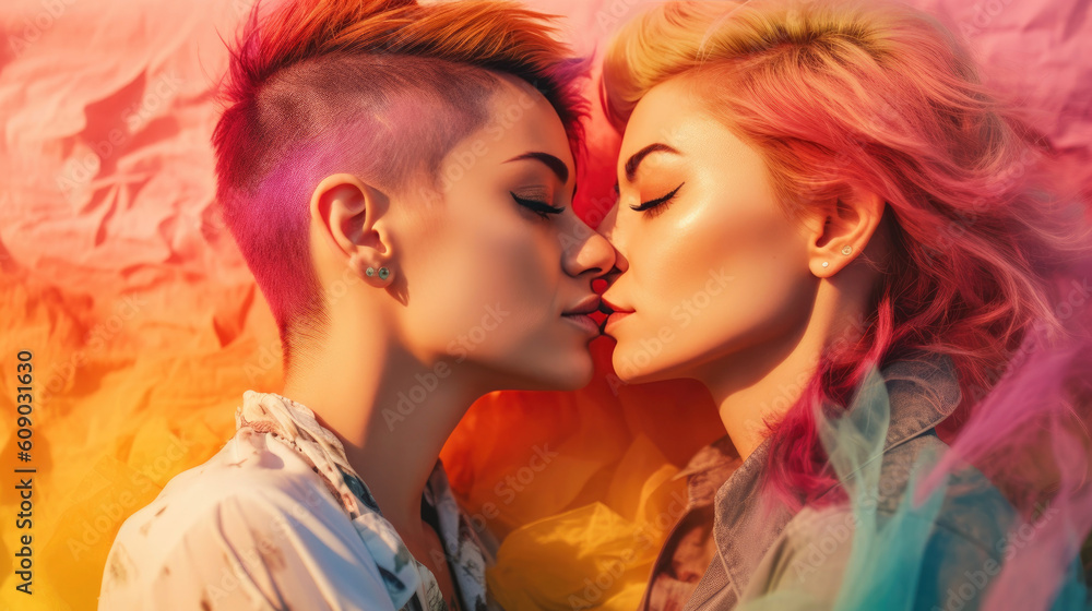A loving LGBTQ+ couple share a kiss. Generative AI A loving LGBTQ+ couple share a kiss. Generative AI
