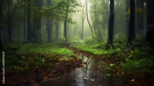 forest glade where it rains, illustration, Generative AI