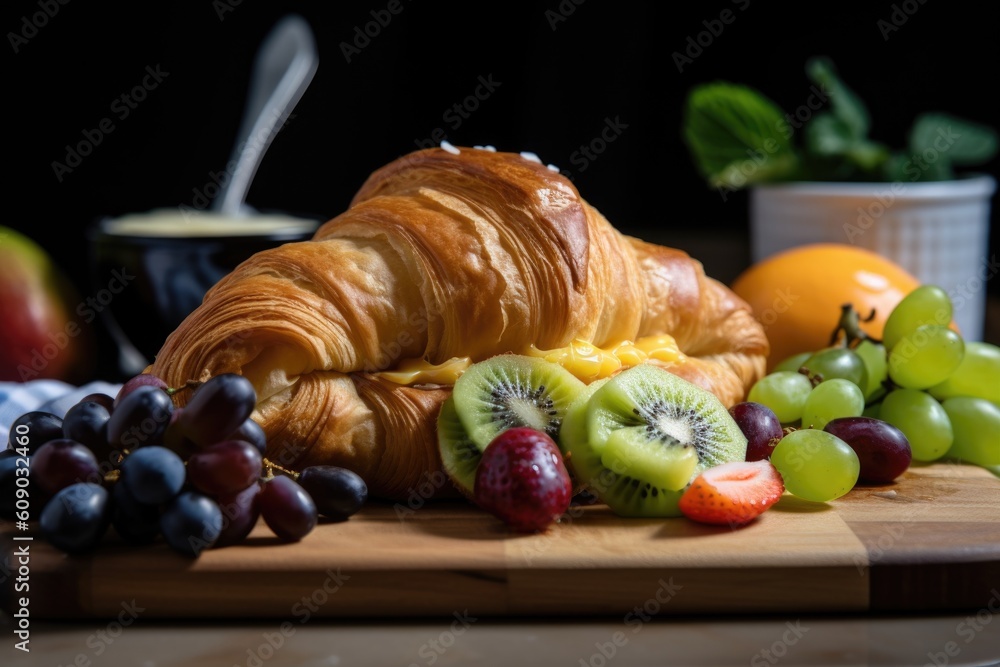 homemade croissant, filled with pastry cream and topped with fruit, created with generative ai homemade croissant, filled with pastry cream and topped with fruit, created with generative ai