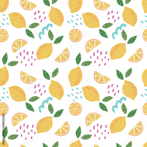  Vector abstract cute hand drawn illustration with lemons. The pattern is perfect for fabric, wallpaper, wrapping paper, postcard, layout.
