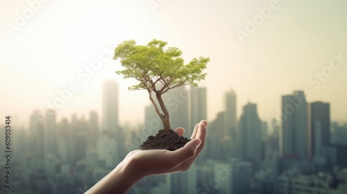 Earth day concept: Human hand holding tree over city background, Generative AI