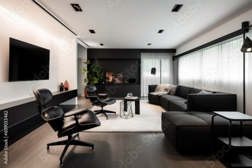 minimalist room with sleek white walls  black furniture and touches of color  created with generative ai