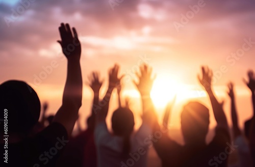 Worship and praise concept: christian people hand rising on sunset background, Generative AI