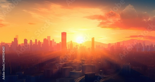World Cities Day concept  Abstract  city sunset background  Generative AI