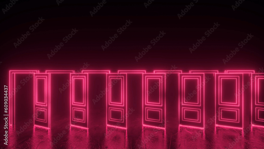 Seven abstract pink open doors with glowing lines. Cyberpunk neon door background concept. Glowing neon frame. Modern 3d graphic concept. 3D rendering Seven abstract pink open doors with glowing lines. Cyberpunk neon door background concept. Glowing neon frame. Modern 3d graphic concept. 3D rendering