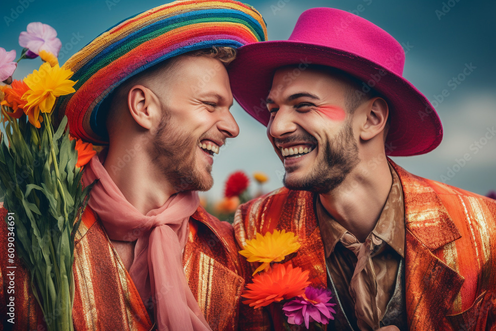 Happy Generative AI gay couple with rainbow flag color pattern ...