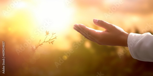 Help concept: hands of God over blurred autumn sunset background, Generative AI