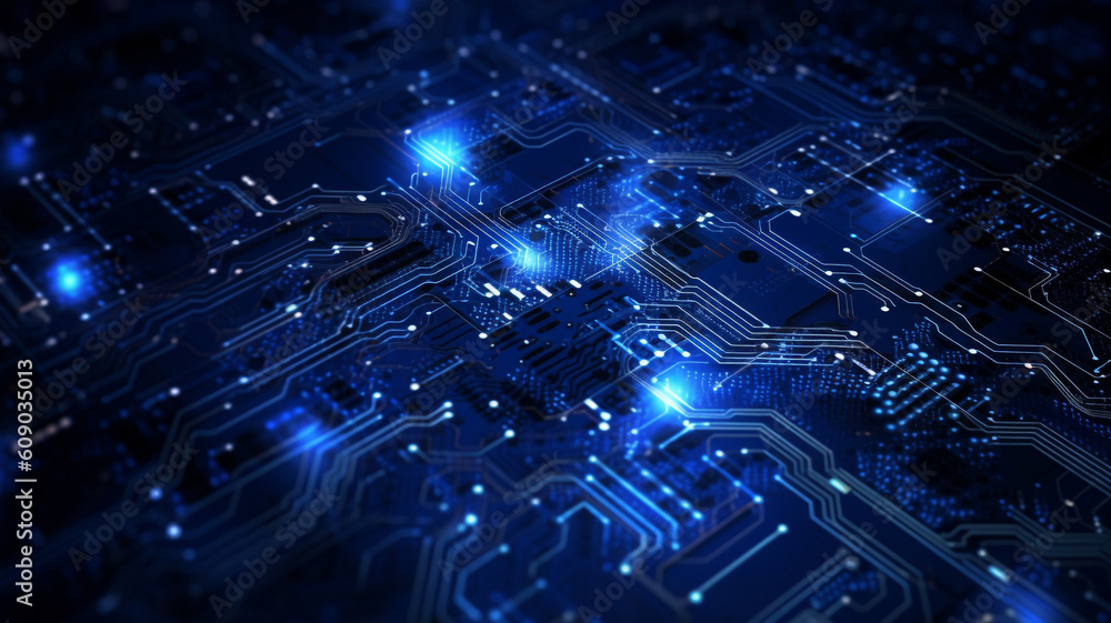 Blue illuminated cyber circuit future technology concept background. Generative AI.
